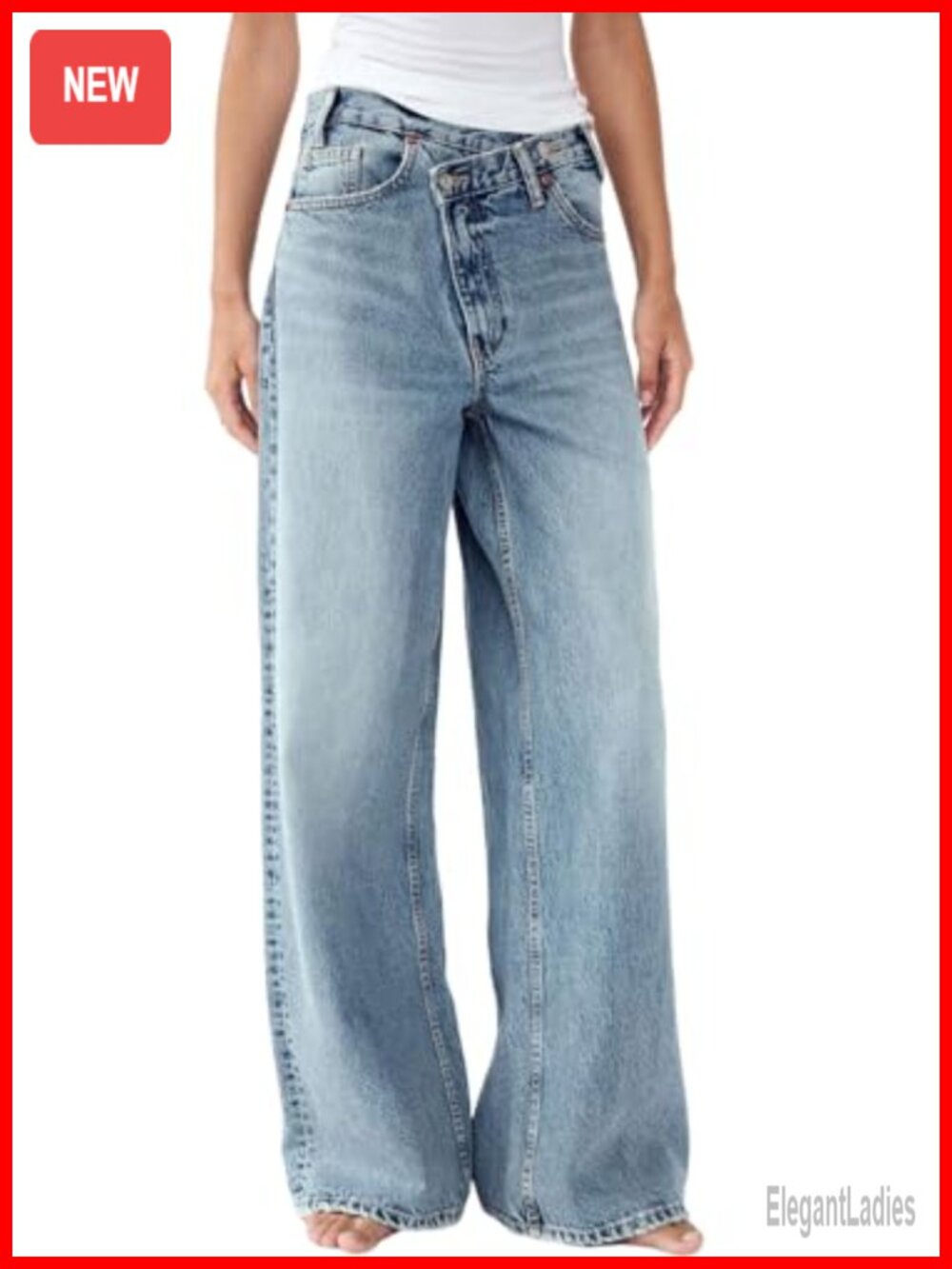 Womens Wide Leg Jeans Crossover Mid Waist Baggy Straight Leg Loose Denim Pants